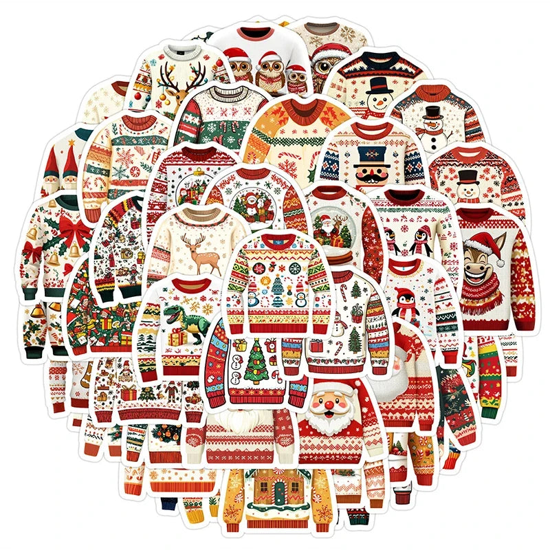 50 Christmas Sweater Shaped Stickers | Cute Funny Wintertime Vinyl Decals
