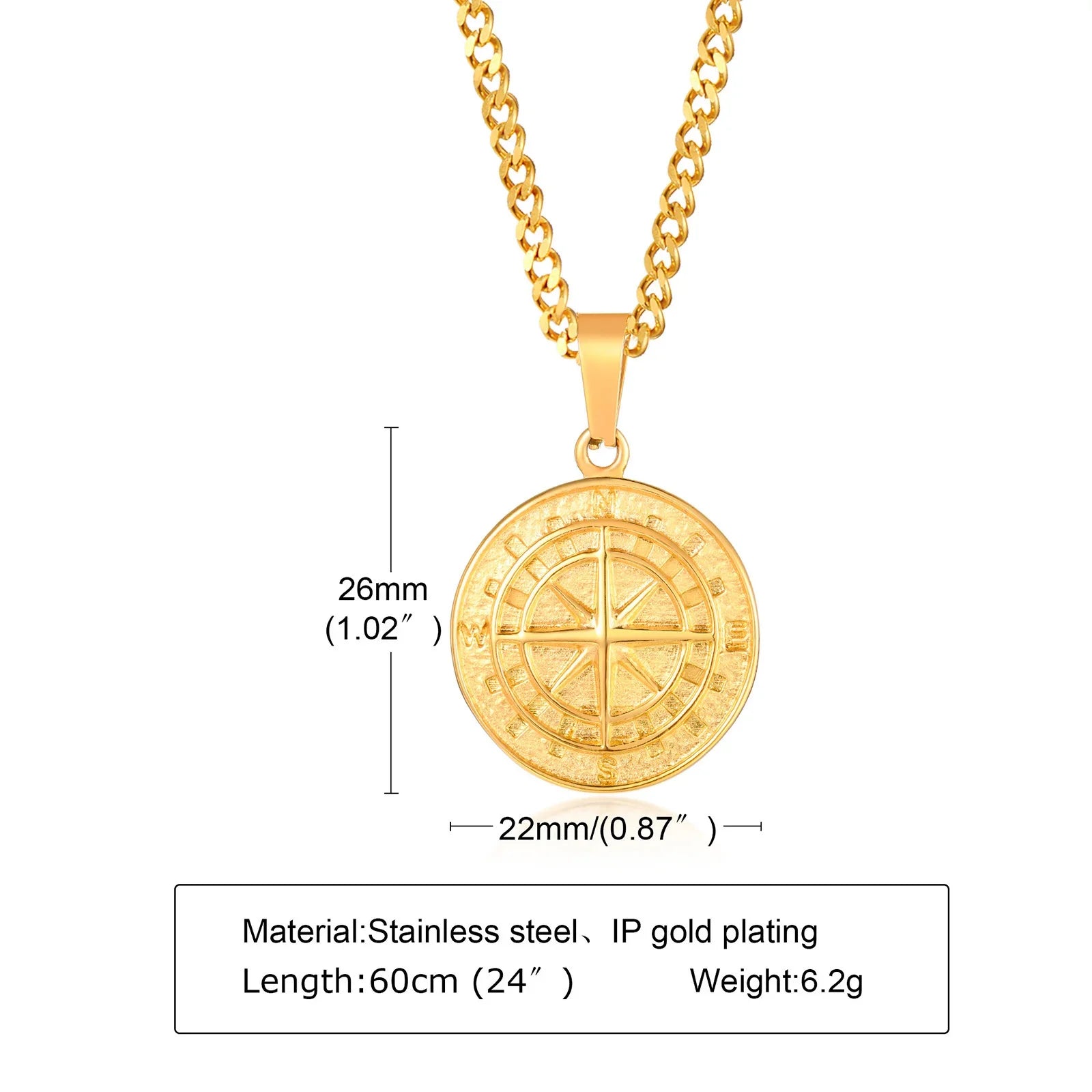 Gold Men's Compass Necklace | Vintage Viking North Star Anchor Stainless Steel Pendant
