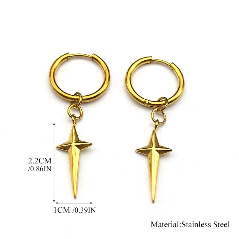 Stainless Steel Star Cross Hoop Earrings | Punk Kpop Y2K Drop Earrings for Women
