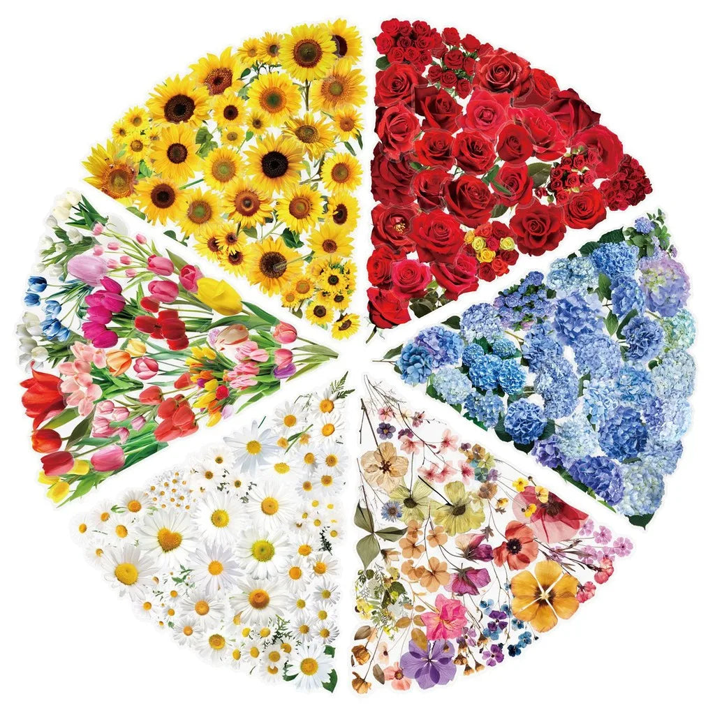 50 Transparent Flower Stickers | PET Decorative Craft Set for Journals and Notebooks