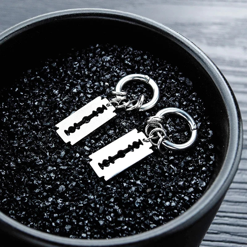 Vintage Razor Hollow Drop Earrings | Stainless Steel Punk Dangle Earrings for Men and Women
