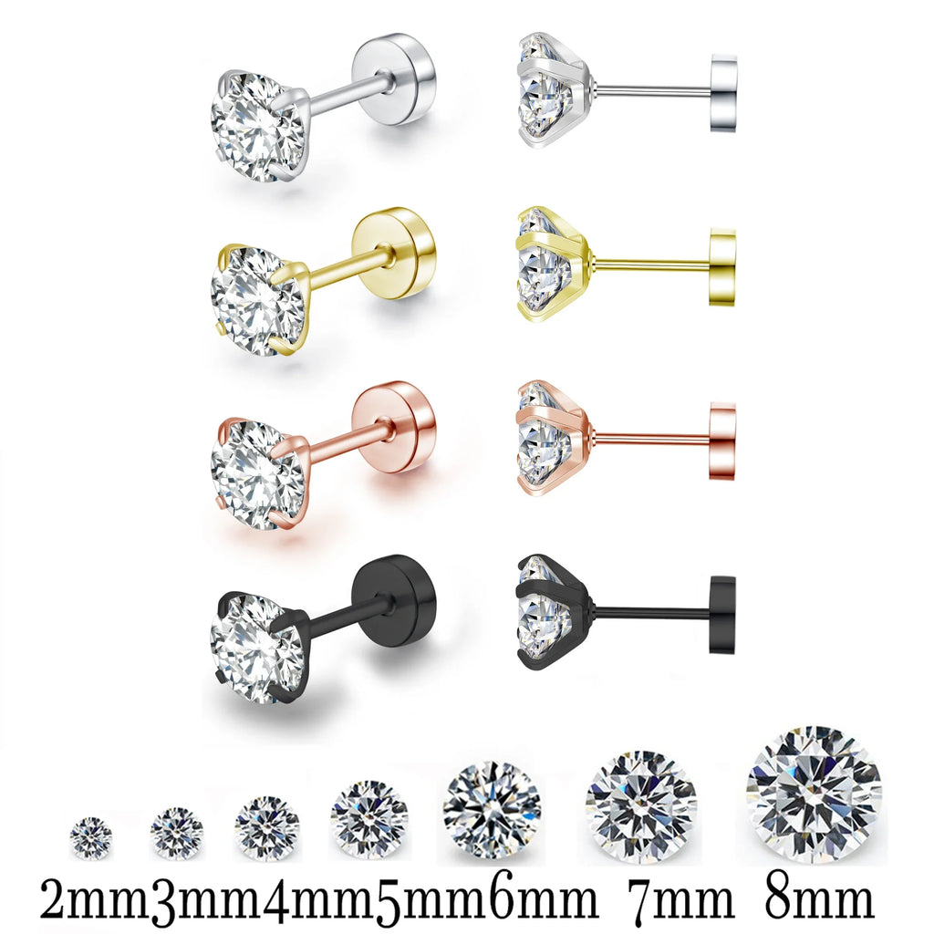 Round Crystal Zircon Stainless Steel Stud Earrings | 4 Color Fashion Non-Allergic Earrings