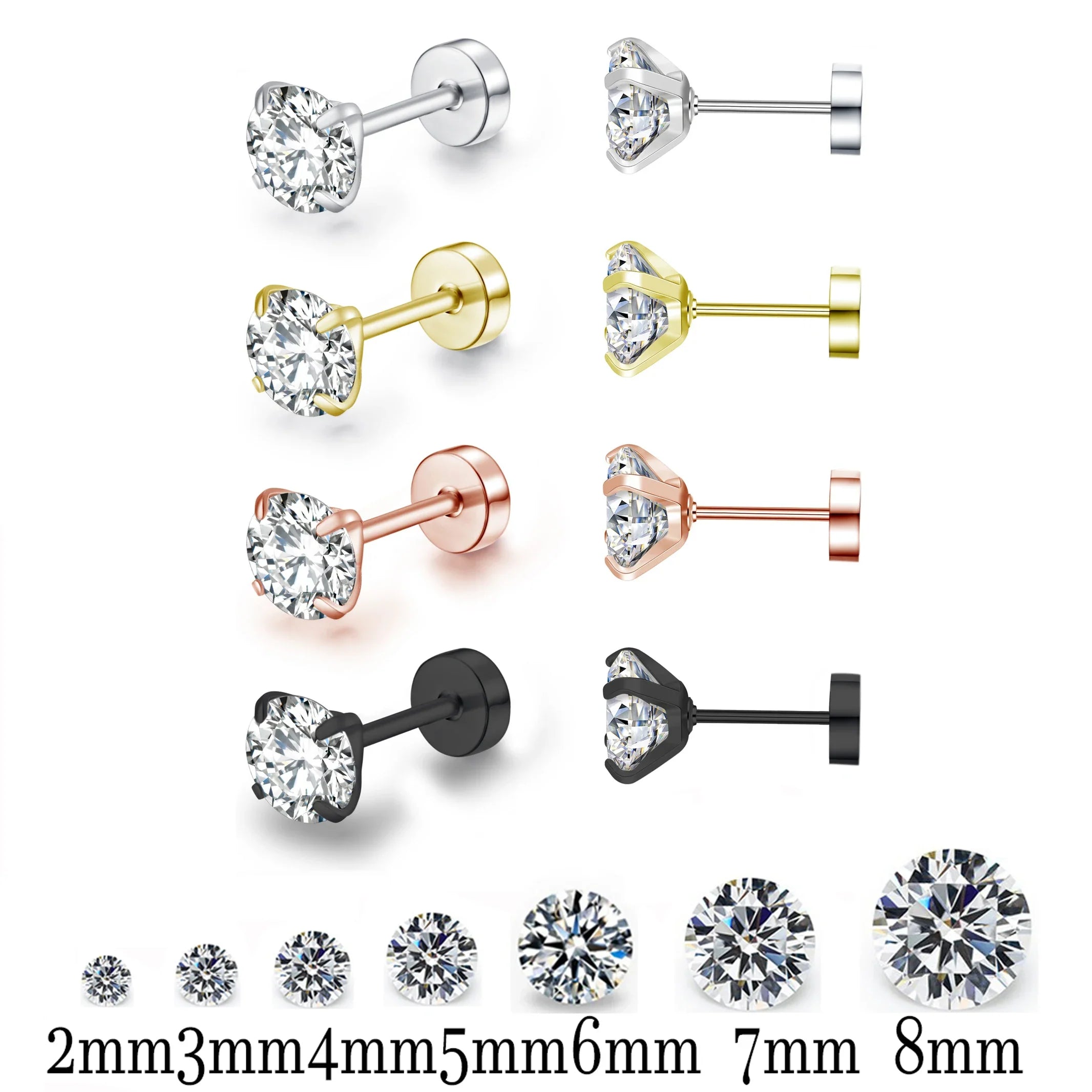 Round Crystal Zircon Stainless Steel Stud Earrings | 4 Color Fashion Non-Allergic Earrings