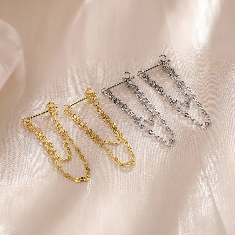 Silver Tassel Drop Earrings | Double Chain Rear-Hanging Earrings for Women