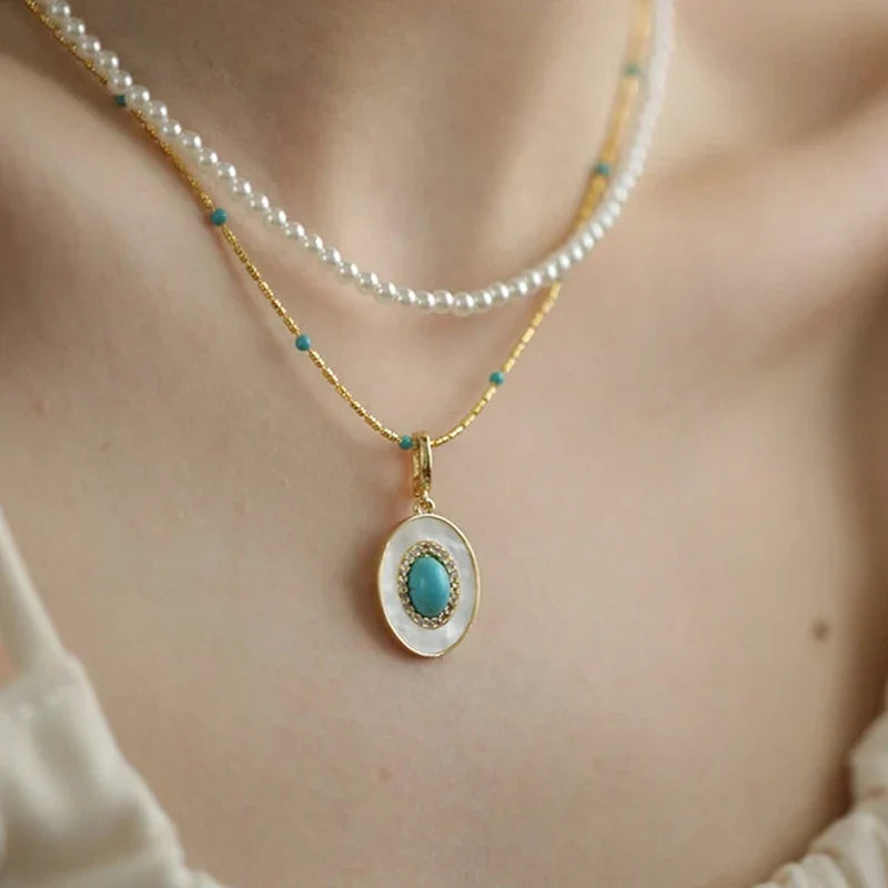 Natural Turquoise Oval Shell Pendant Necklace | Gold Chain Collarbone Jewelry