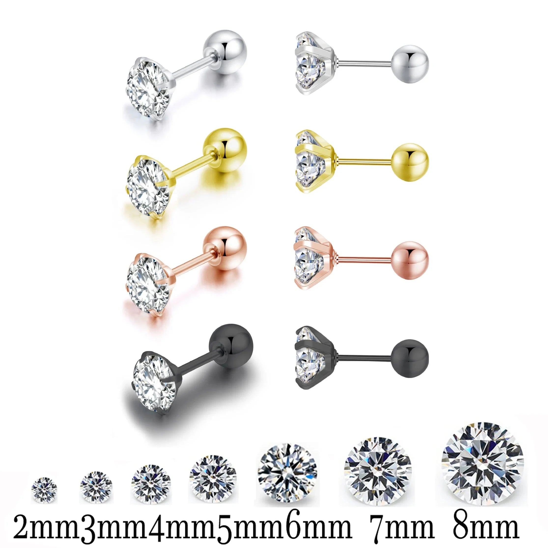 Stainless Steel Titanium Tragus Stud Earrings | 4 Prong Zircon Crystal Cartilage Jewelry