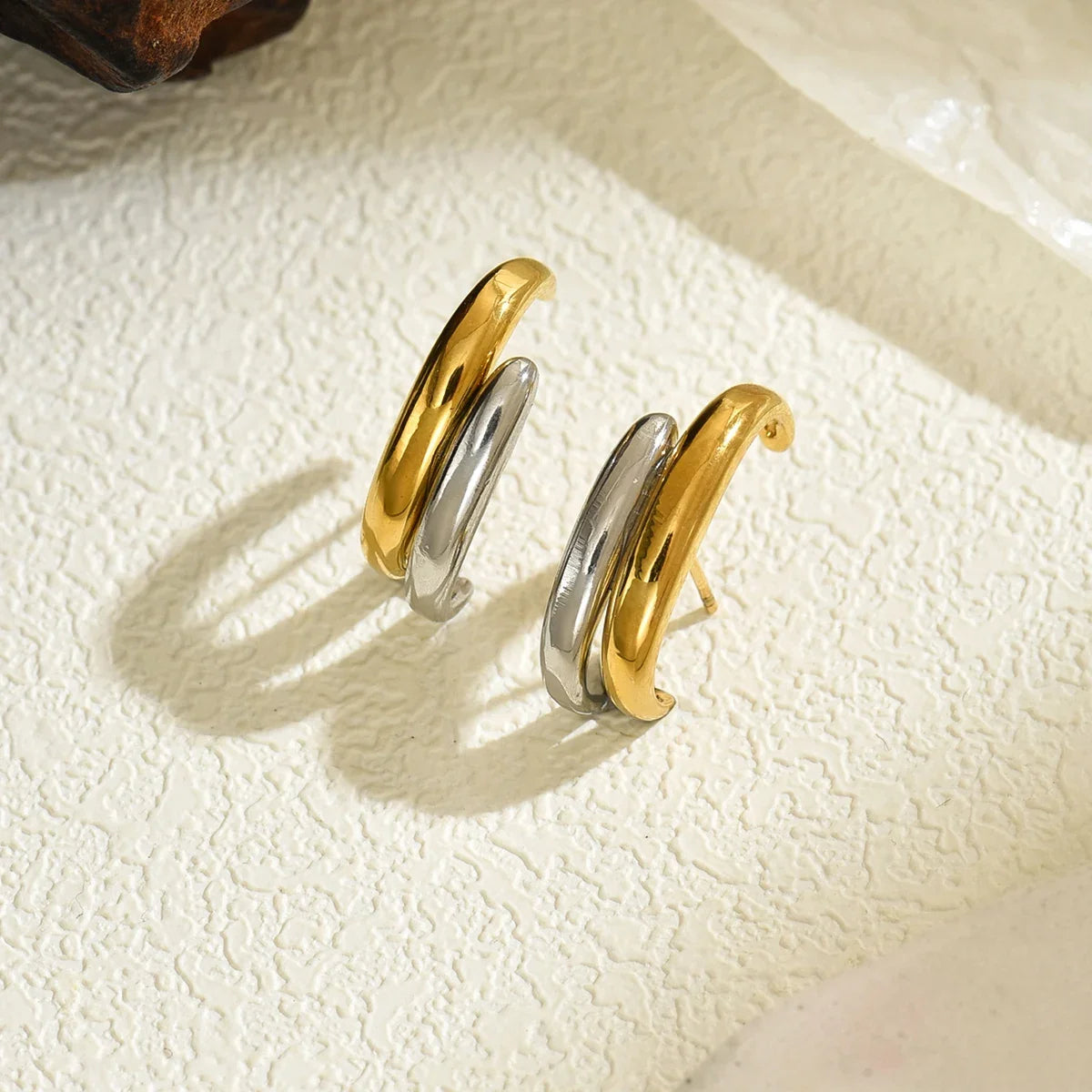 Gold Silver Irregular C-Shape Stud Earrings | Stainless Steel Bicolor Geometric Jewelry
