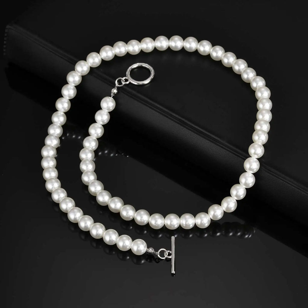 8mm Pearl Necklace for Men Women | White Imitation Pearl Beaded Collar Casual Jewelry Gift