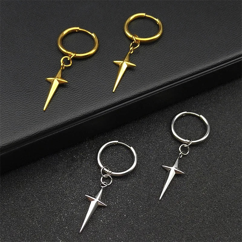 Stainless Steel Star Cross Hoop Earrings | Punk Kpop Y2K Drop Earrings for Women