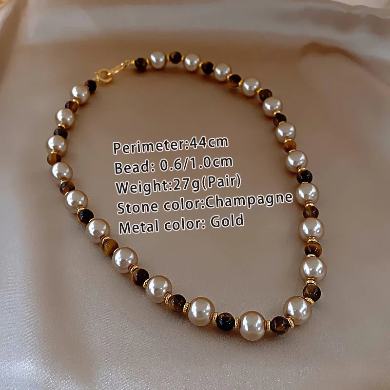 Warm Tiger's Eye Pearl Bead Necklace | Classic Sweater Chain Jewelry