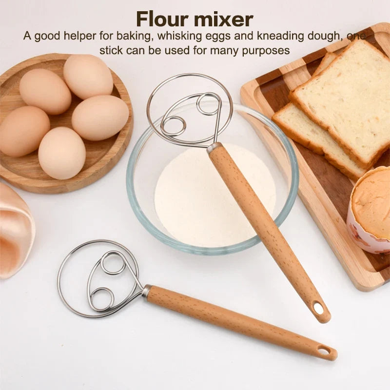 10 Inch Wood Handle Danish Dough Whisk | Stainless Steel Hand Blender for Bread and Batter
