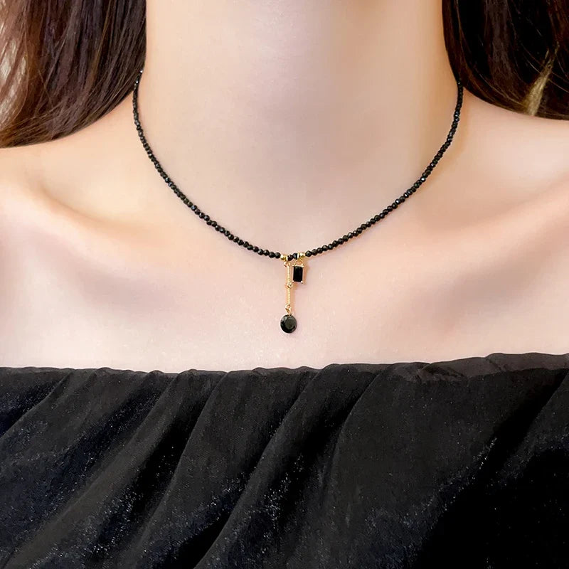 Black Crystal Bead Tassel Necklace | Trendy Collarbone Chain