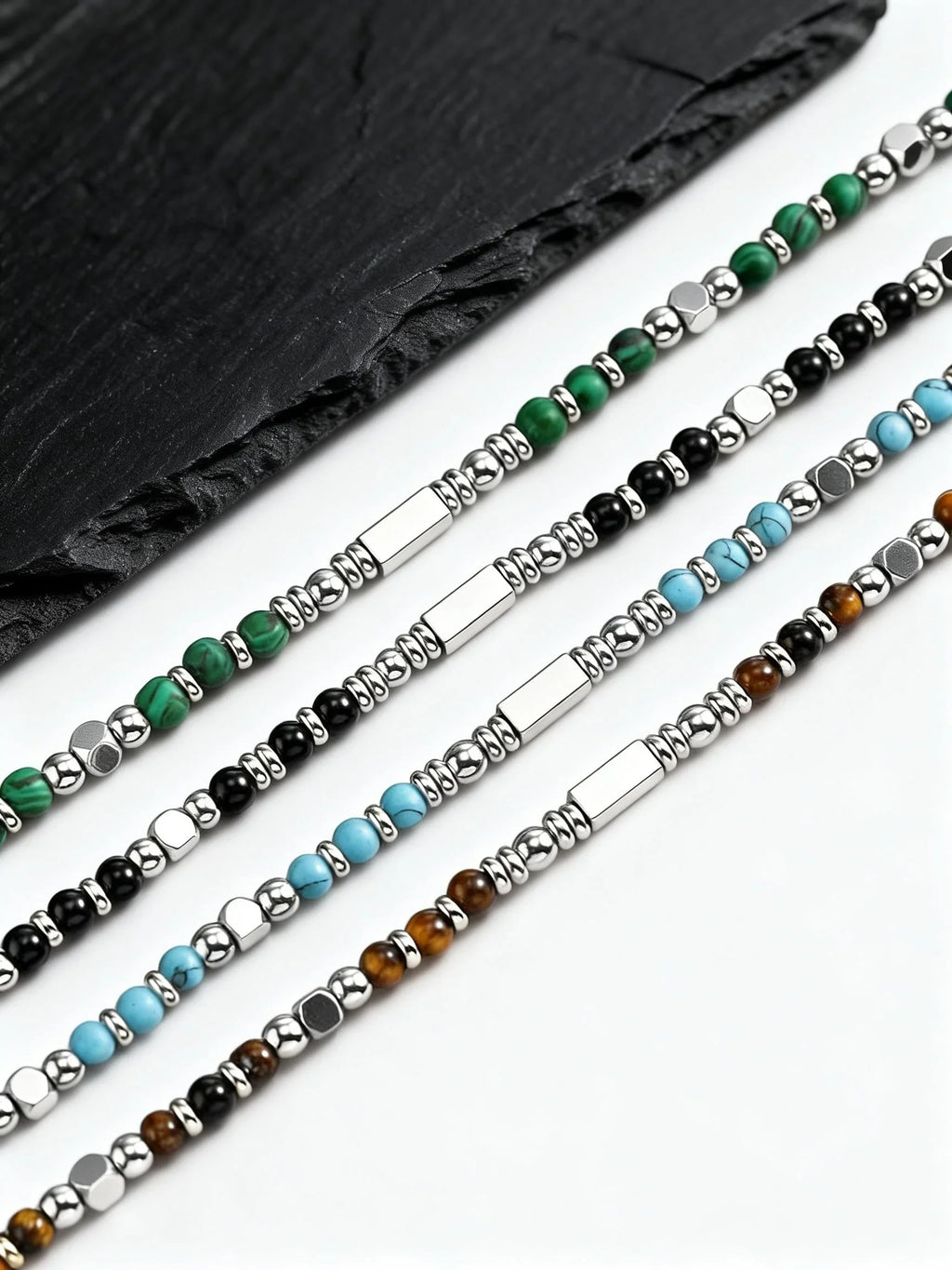 Trendy Men's Natural Stone Beaded Necklace | Classic Stainless Steel Metal Bead Choker