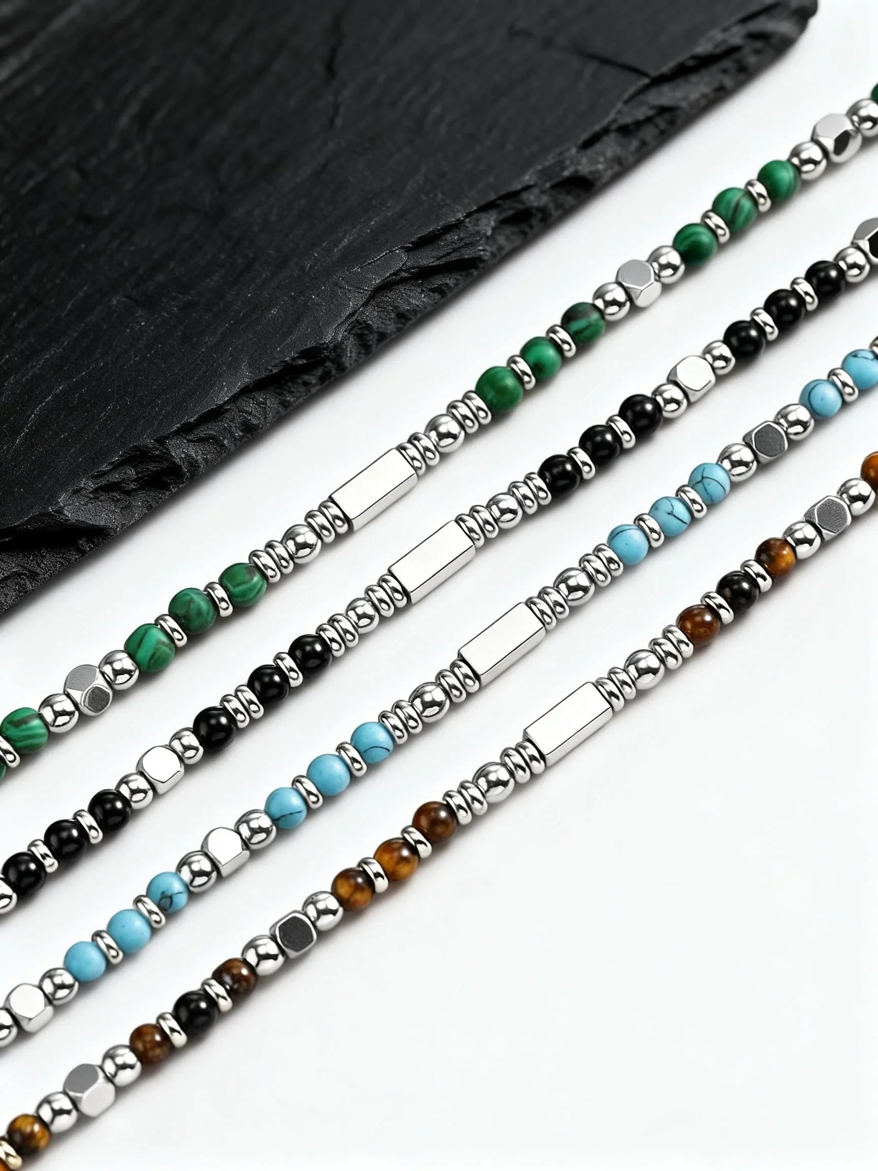 Trendy Men's Natural Stone Beaded Necklace | Classic Stainless Steel Metal Bead Choker