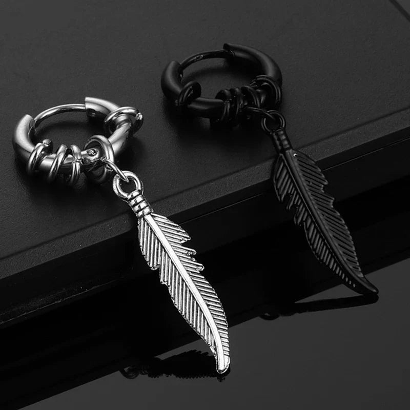 2pc Punk Cross Feather Stud Earrings | Unisex Stainless Steel Hoop Earrings