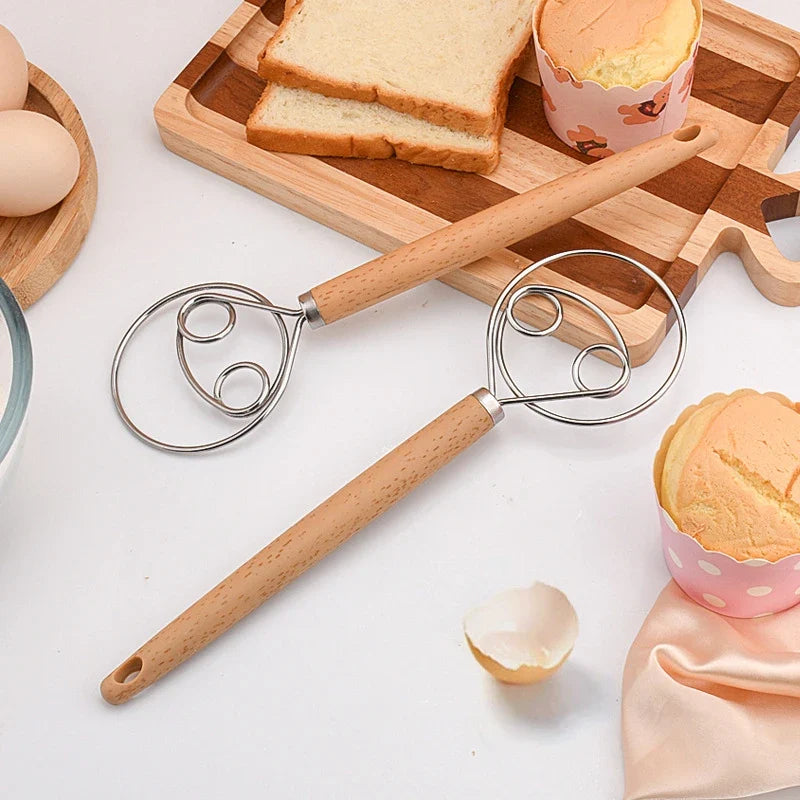 10 Inch Wood Handle Danish Dough Whisk | Stainless Steel Hand Blender for Bread and Batter