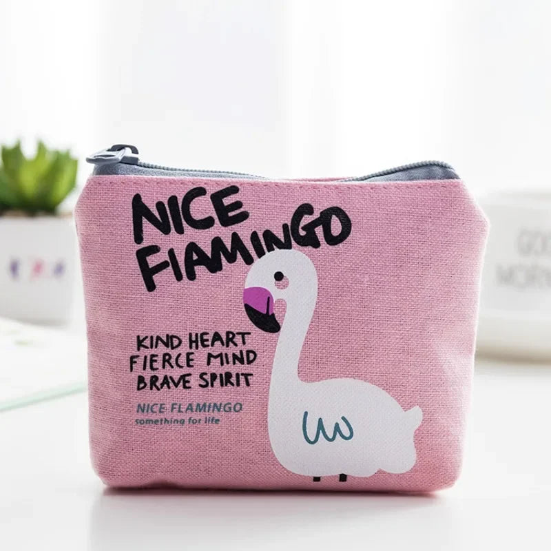 Korean Square Flamingo Coin Money Pouch | Small Canvas Zipper Wallet for Students