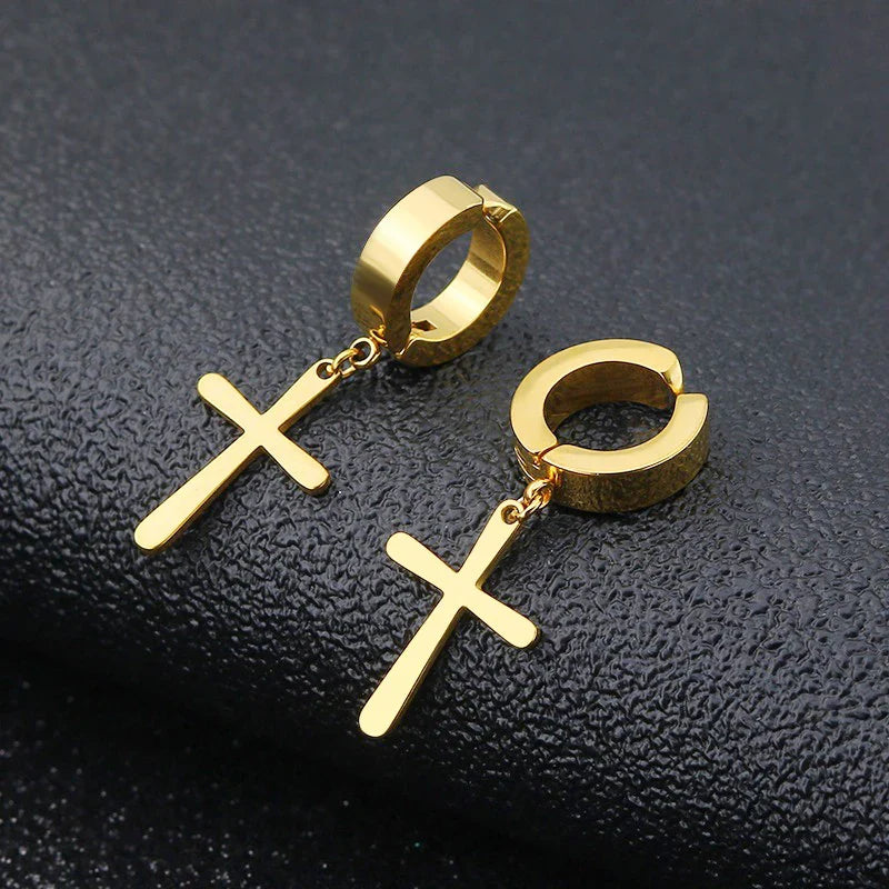 Punk Cross Stars Clip On Earrings | No Piercing Stainless Steel Ear Cuffs for Women Men