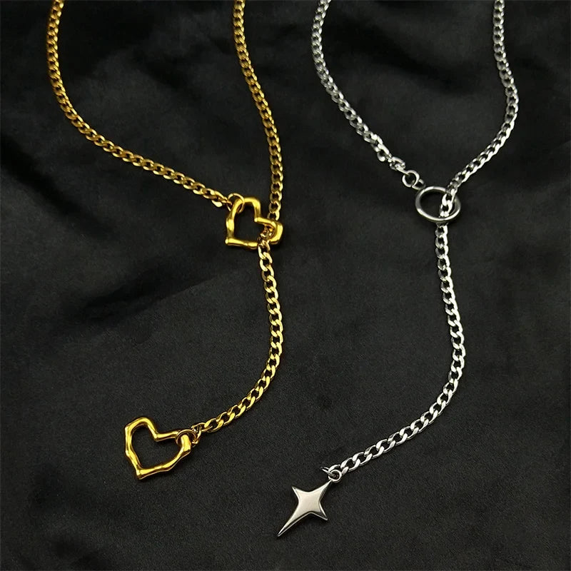 Heart O-ring Long Chain | Stainless Steel Punk Rock Y-Necklace for Men and Women