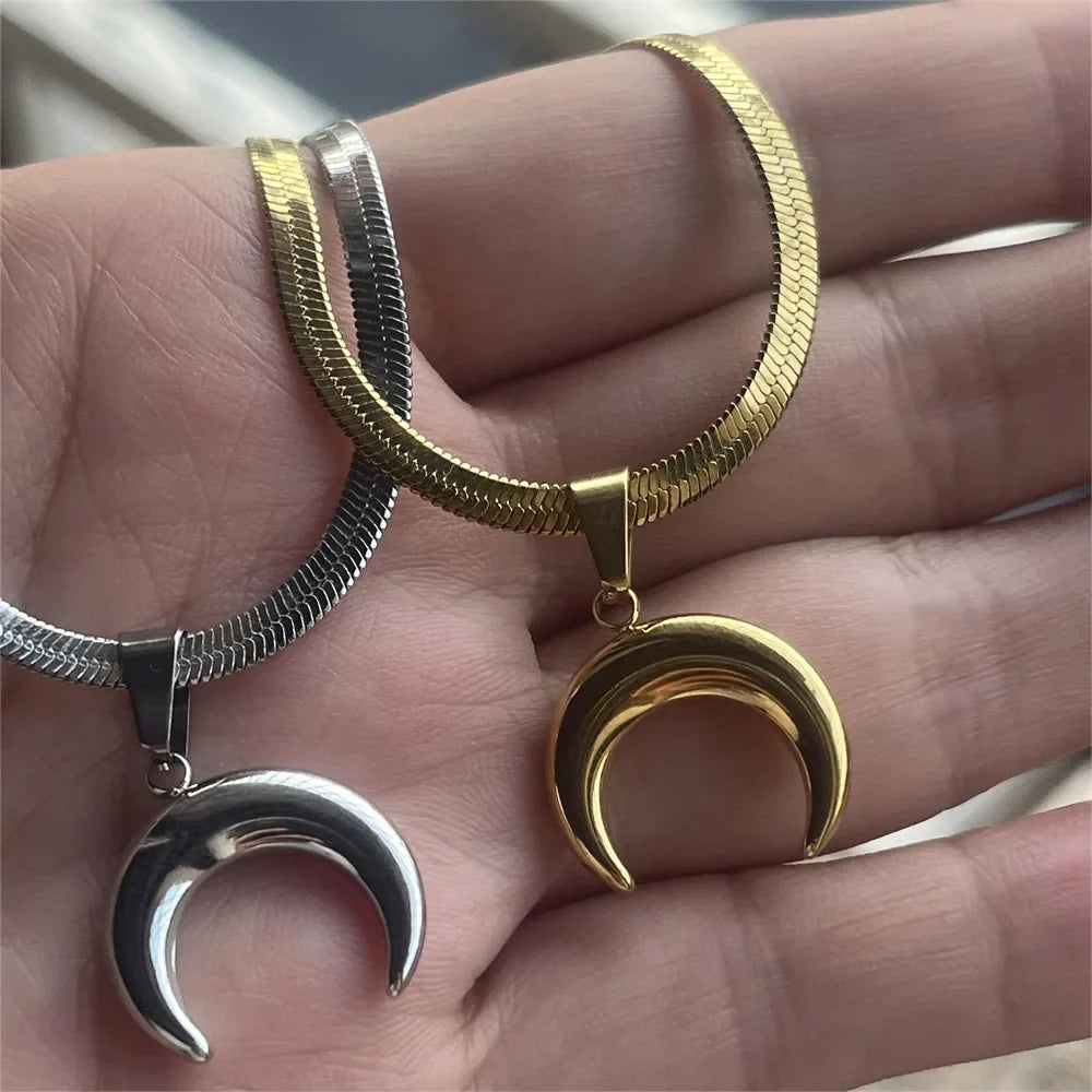 Stainless Steel OX Moon Necklace | Gold Plated Half Moon Blade Pendant