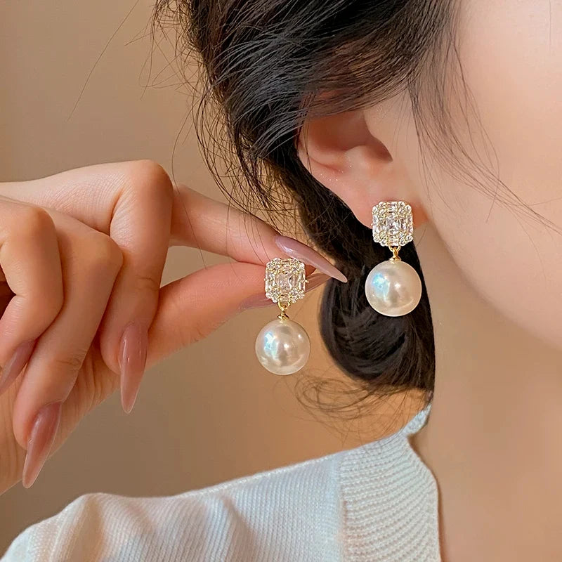 Gold Tone Pearl Drop Earrings | Shiny Crystal Pendant Jewelry