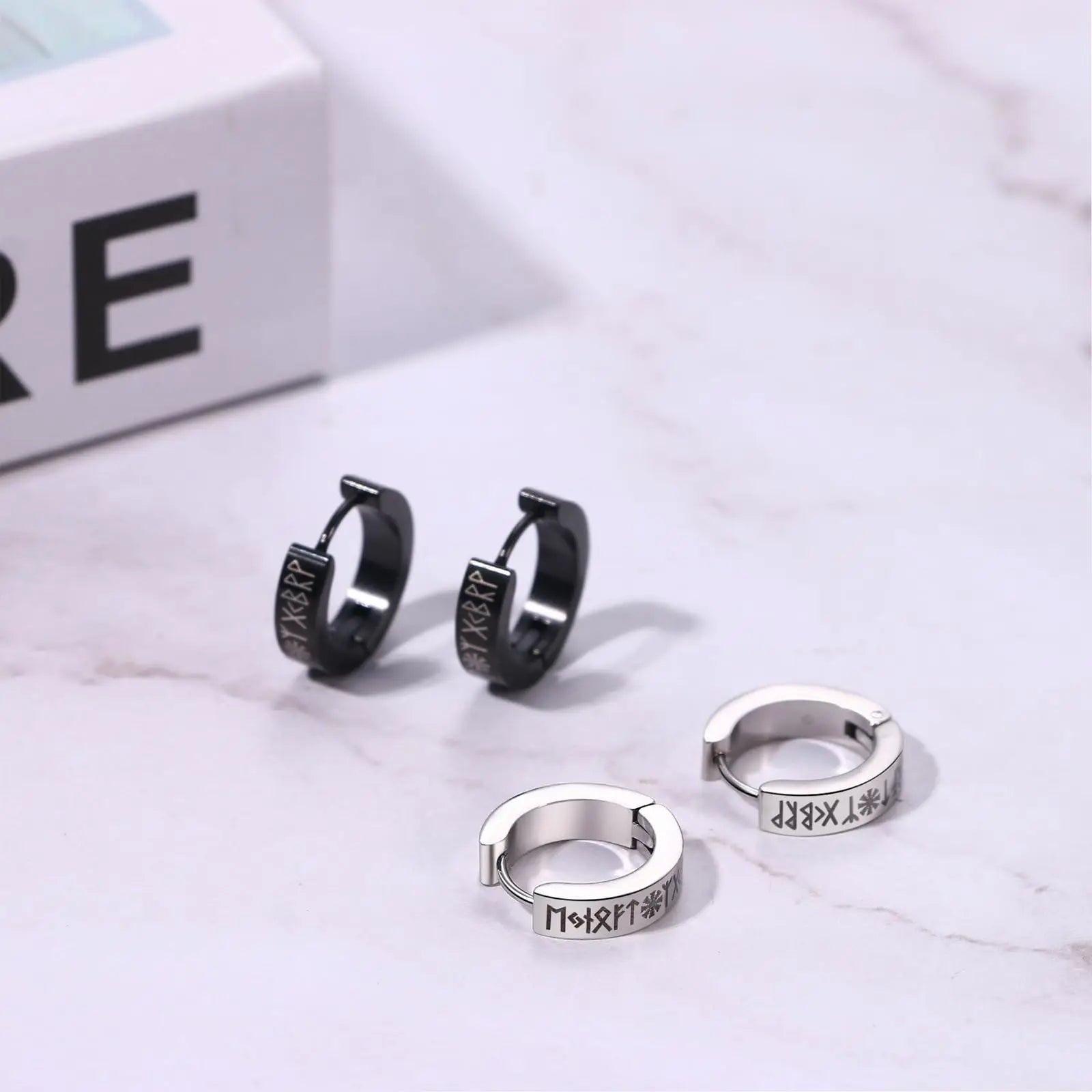 Norse Viking Runes Hoop Earrings | Stainless Steel Huggie Earrings for Men and Women