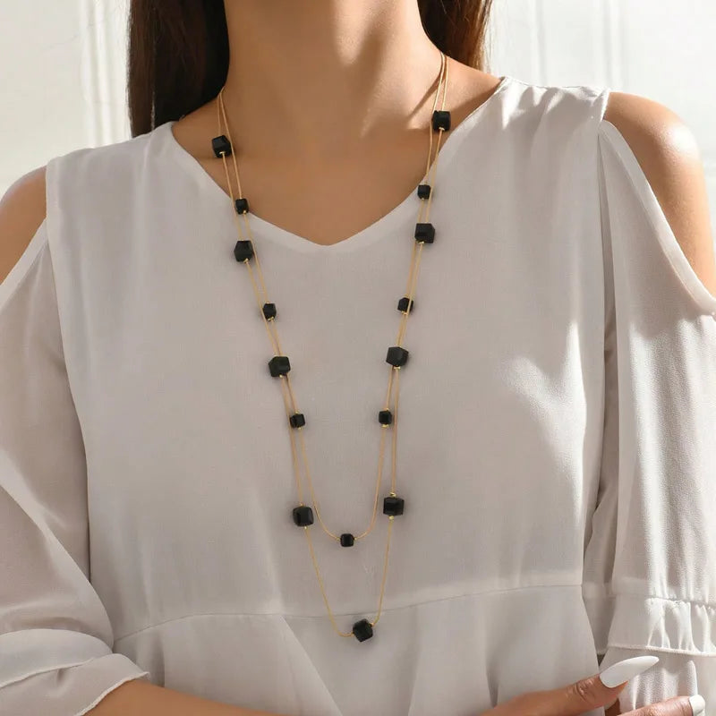 Gold Square Bead Sweater Chain Necklace | Double Layer Glass Pendant Jewelry for Women