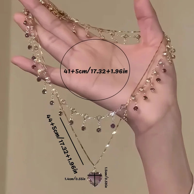 Elegant Women's Double Layer Heart Pendant Necklace | Synthetic Zirconia Collarbone Jewelry