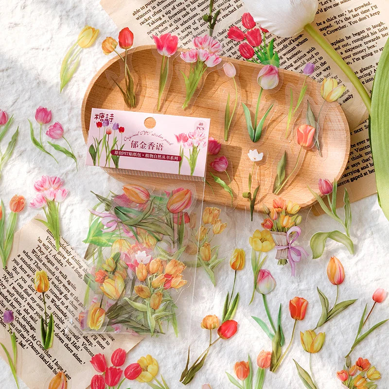 40 Pcs Vintage Plant Flower Stickers | Retro Green Leaf Decal Set for DIY Scrapbooking