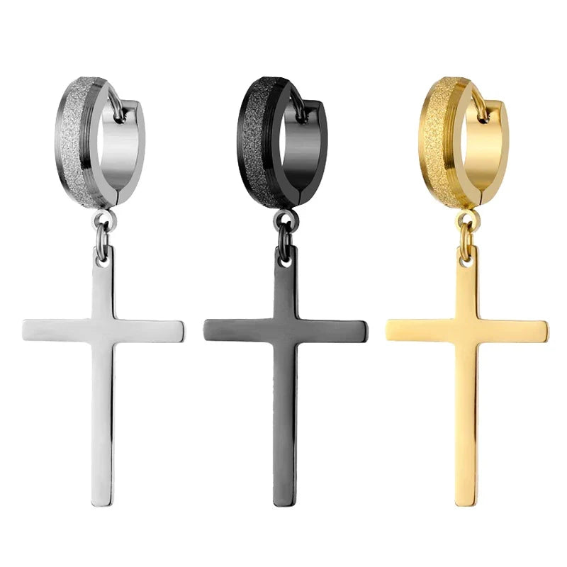 Stainless Steel Frosting Hoop Earrings | Punk Cross Dangle Earrings for Unisex