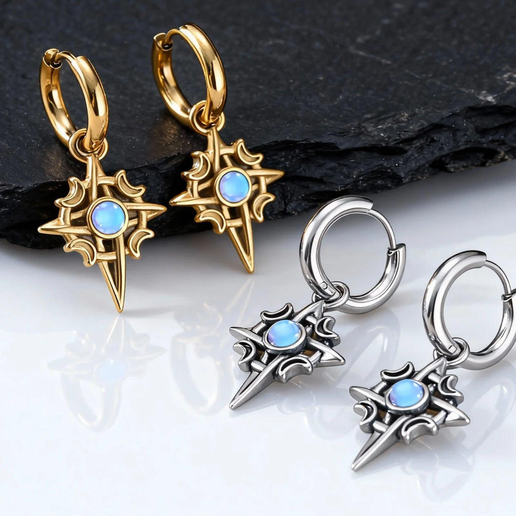 Moonstone Stainless Steel Hoop Earrings for Men | Waterproof Hip Hop Jewelry Gift