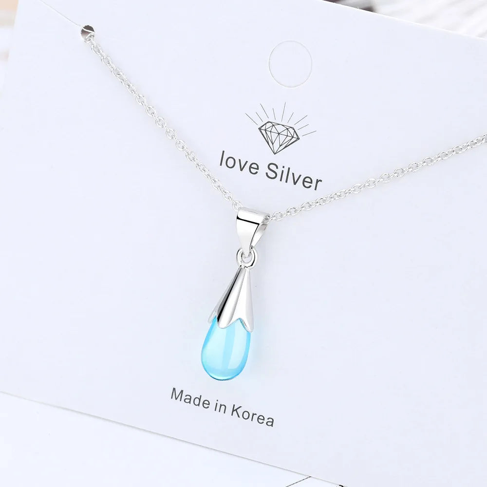 925 Sterling Silver Water Drop Crystal Pendant Necklace | Fine Jewelry Gift for Women