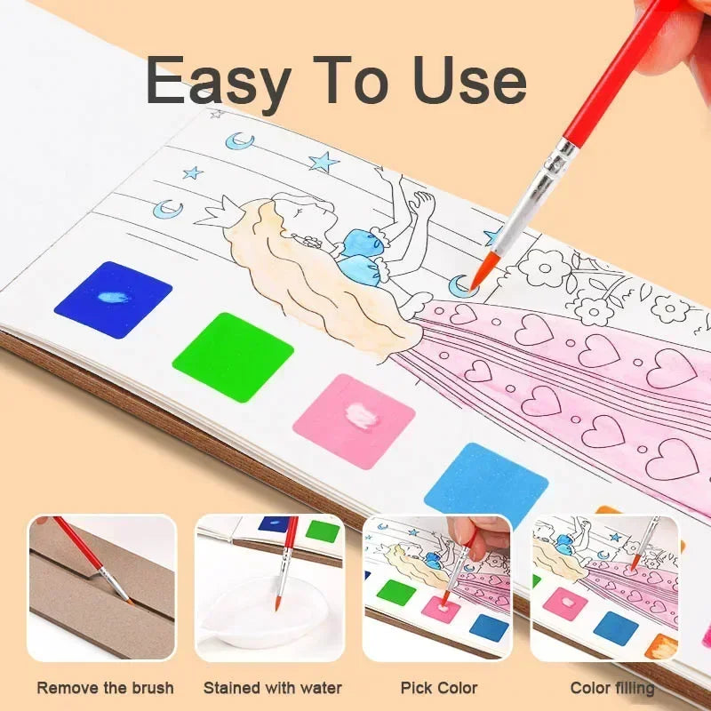 Kids Portable Watercolor Painting Book | Paint With Water Brush Gouache Graffiti Drawing Toy for Toddlers