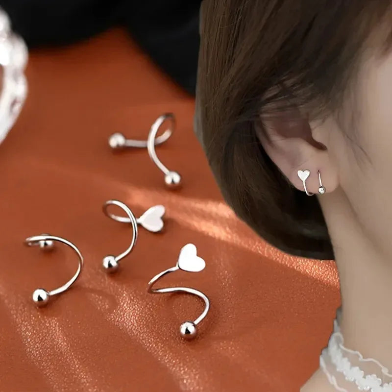 2pcs Stainless Steel Spiral Twisted Stud Earrings | Heart and Star Cartilage Jewelry Set