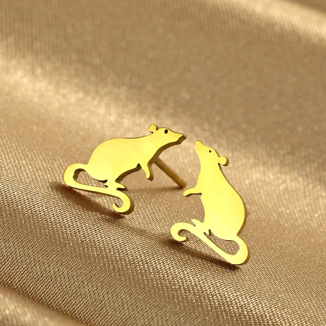 Adorable Rat Stud Earrings | Cute Stainless Steel Rodent Jewelry for Women and Men