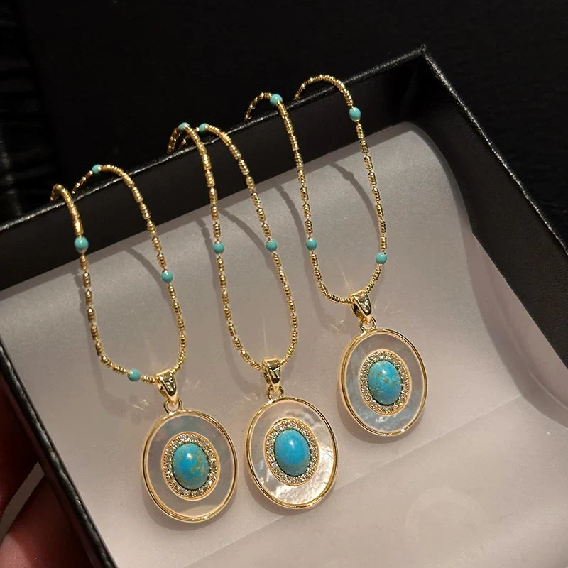 Natural Turquoise Oval Shell Pendant Necklace | Gold Chain Collarbone Jewelry