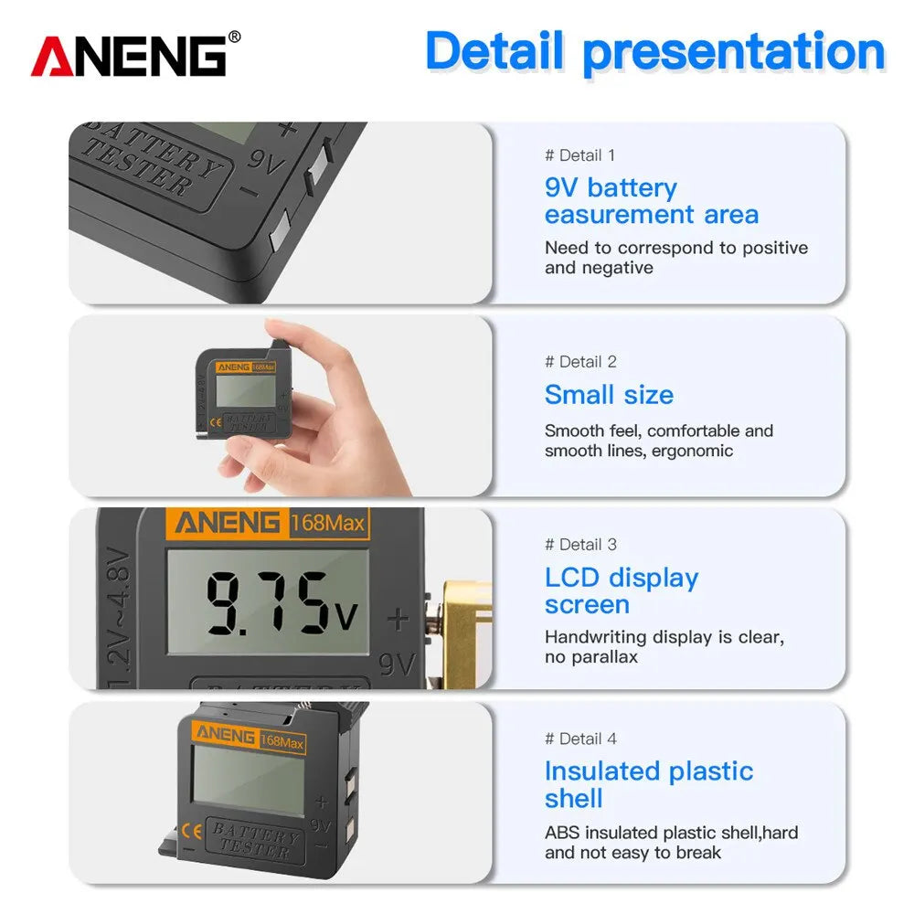 ANENG 168Max High-Precision Digital Battery Tester | Universal Voltage Detector for AA, AAA, 18650, 9V, Button Batteries