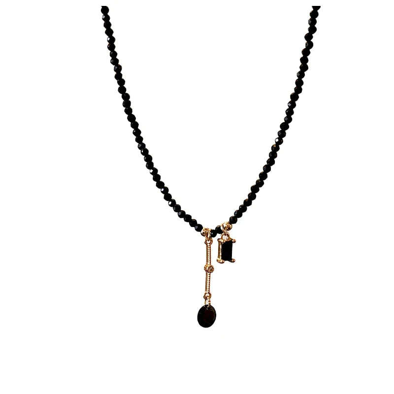 Black Crystal Bead Tassel Necklace | Trendy Collarbone Chain