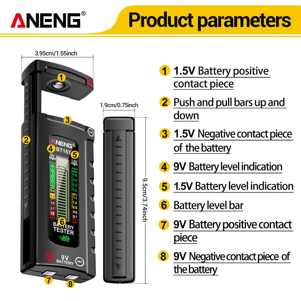 ANENG BT167 Battery Level Detector | Multifunctional Battery Tester for 1.5V and 9V Batteries