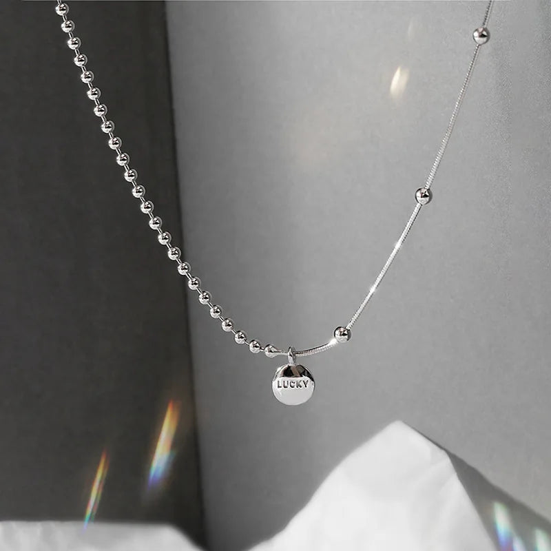 40CM 925 Sterling Silver Snake Chain Necklace | Lucky Round Card Pendant for Women
