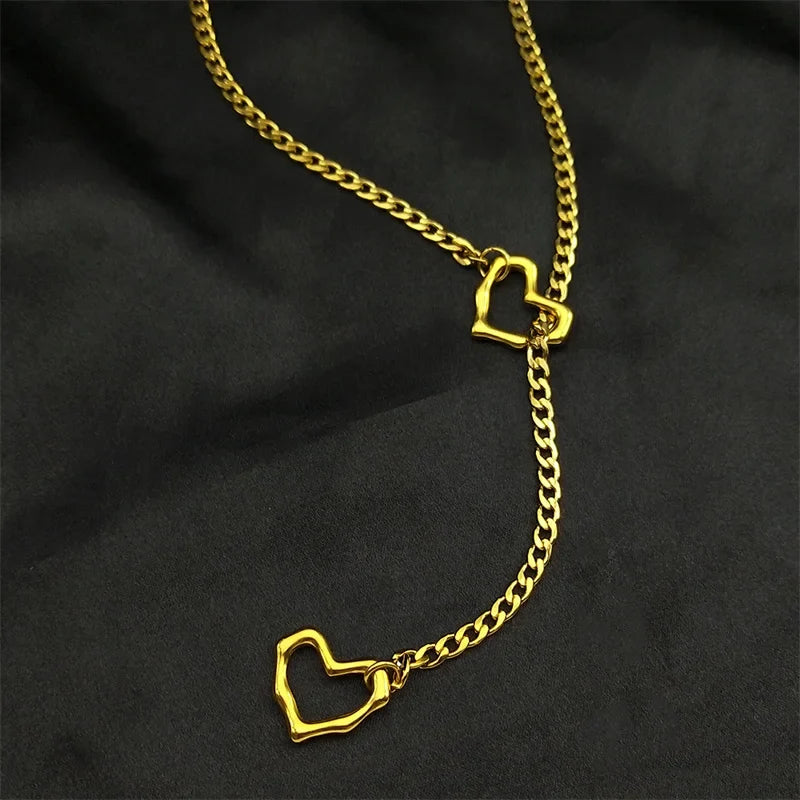 Heart O-ring Long Chain | Stainless Steel Punk Rock Y-Necklace for Men and Women