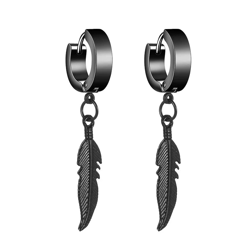 2pc Punk Cross Feather Stud Earrings | Unisex Stainless Steel Hoop Earrings