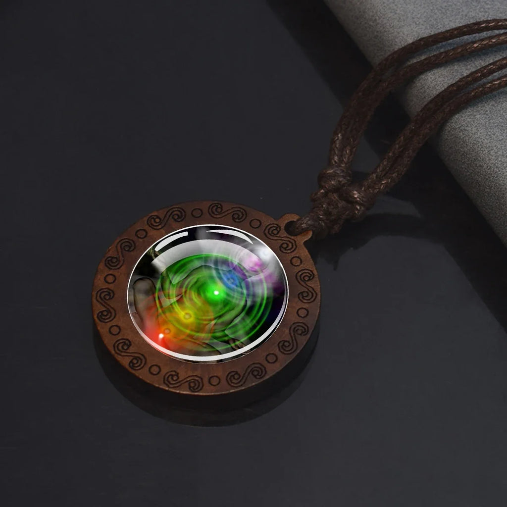 7 Chakra Symbol Glass Wood Pendant Necklace | Unisex Yoga Meditation Jewelry