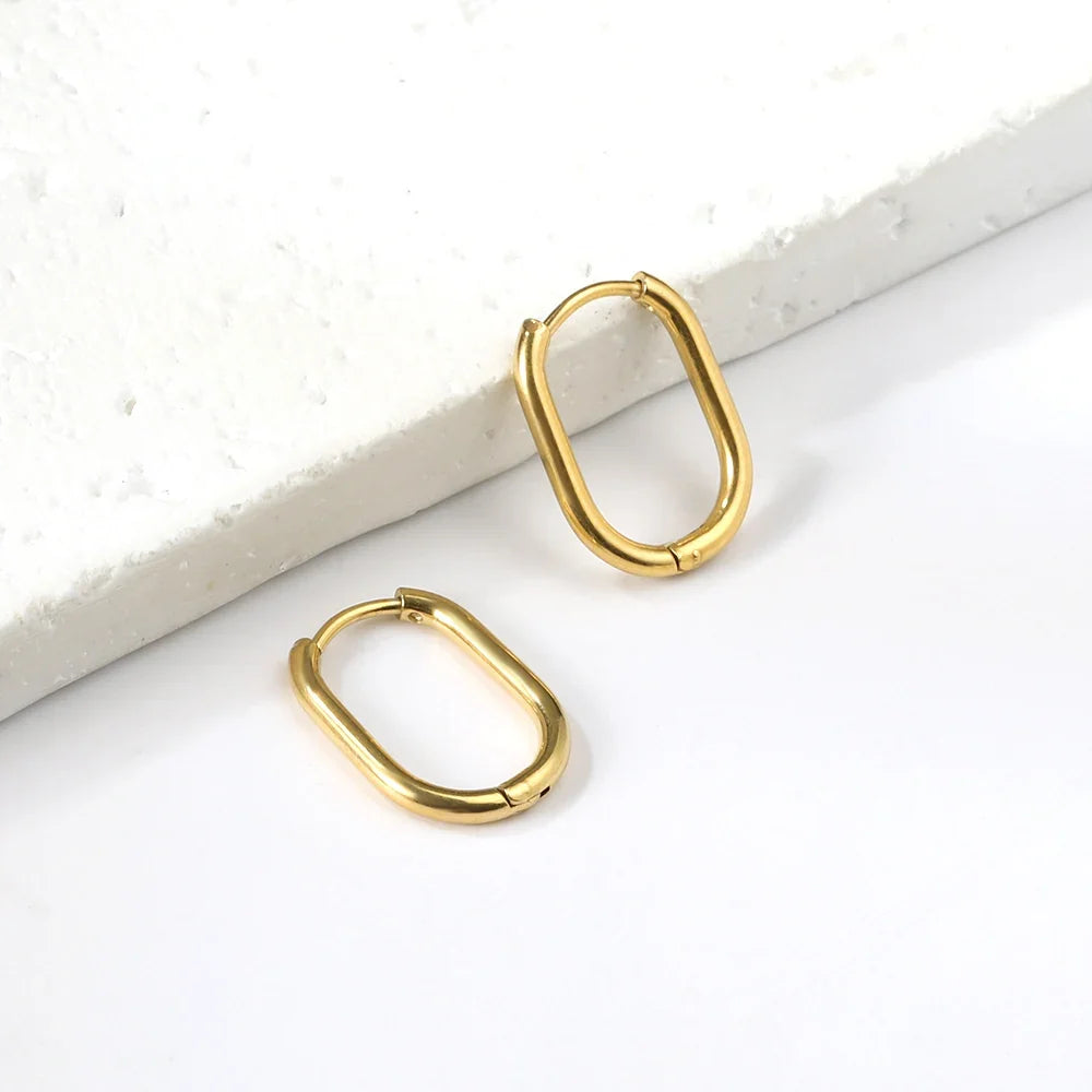 LUXUSTEEL Golden Plated Geometric Oval Hoop Earrings | Unisex Fashion Earrings