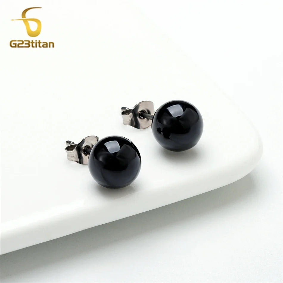 Black Agate Titanium Stud Earrings | Hypoallergenic Round Onyx Ear Lobe Jewelry for Women and Men