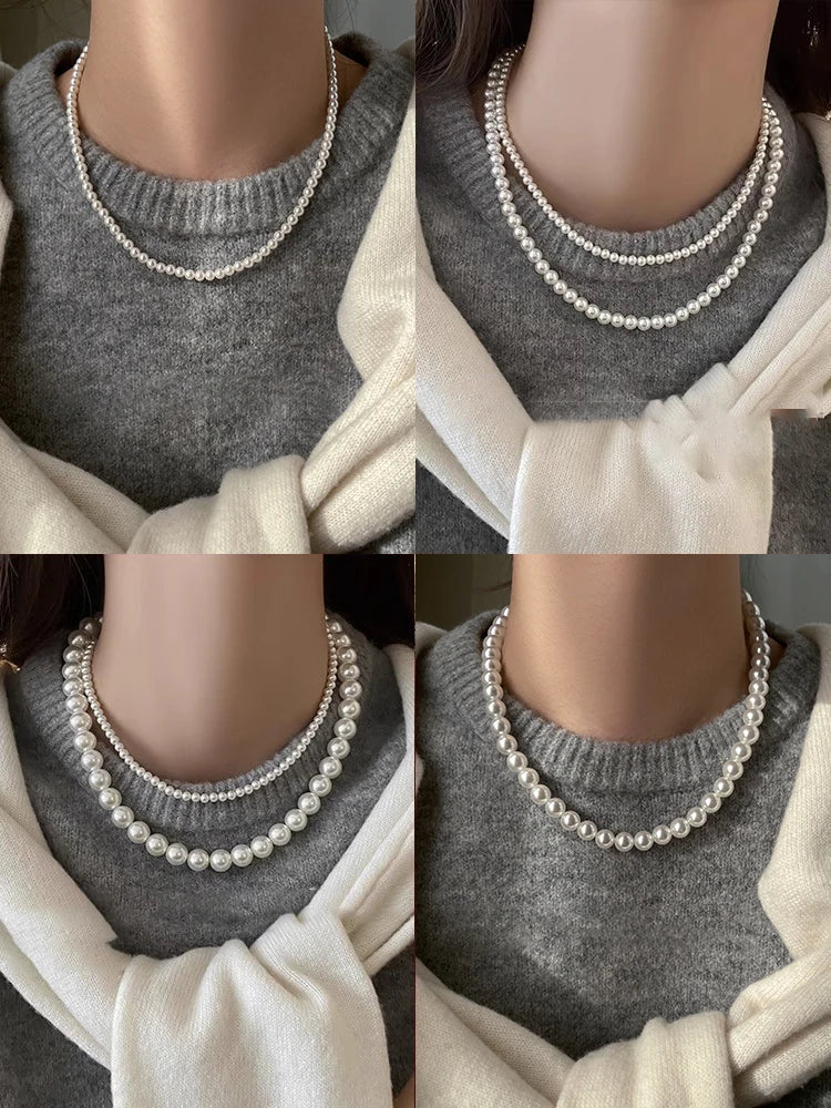 Girl’s Imitation Pearl Magnetic Round Buckle Beaded Choker Necklace | Elegant Collarbone Jewelry for Women