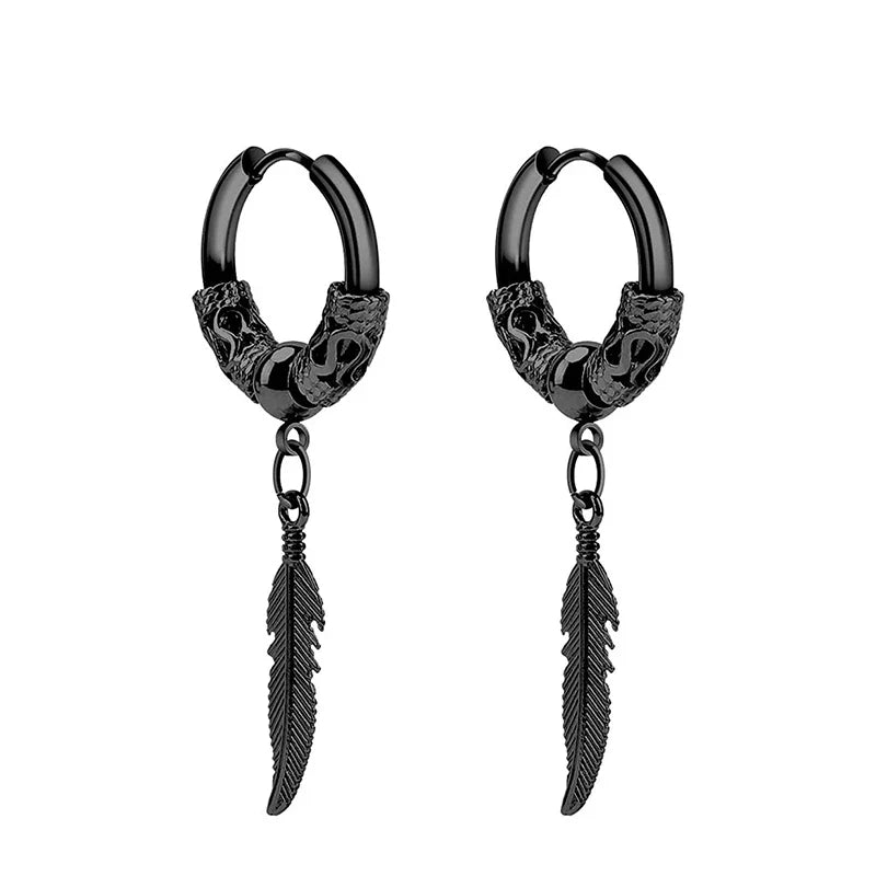 2Pcs Stainless Steel Feather Leaf Coil Earrings Set | Unisex Punk Hoop and Stud Jewelry