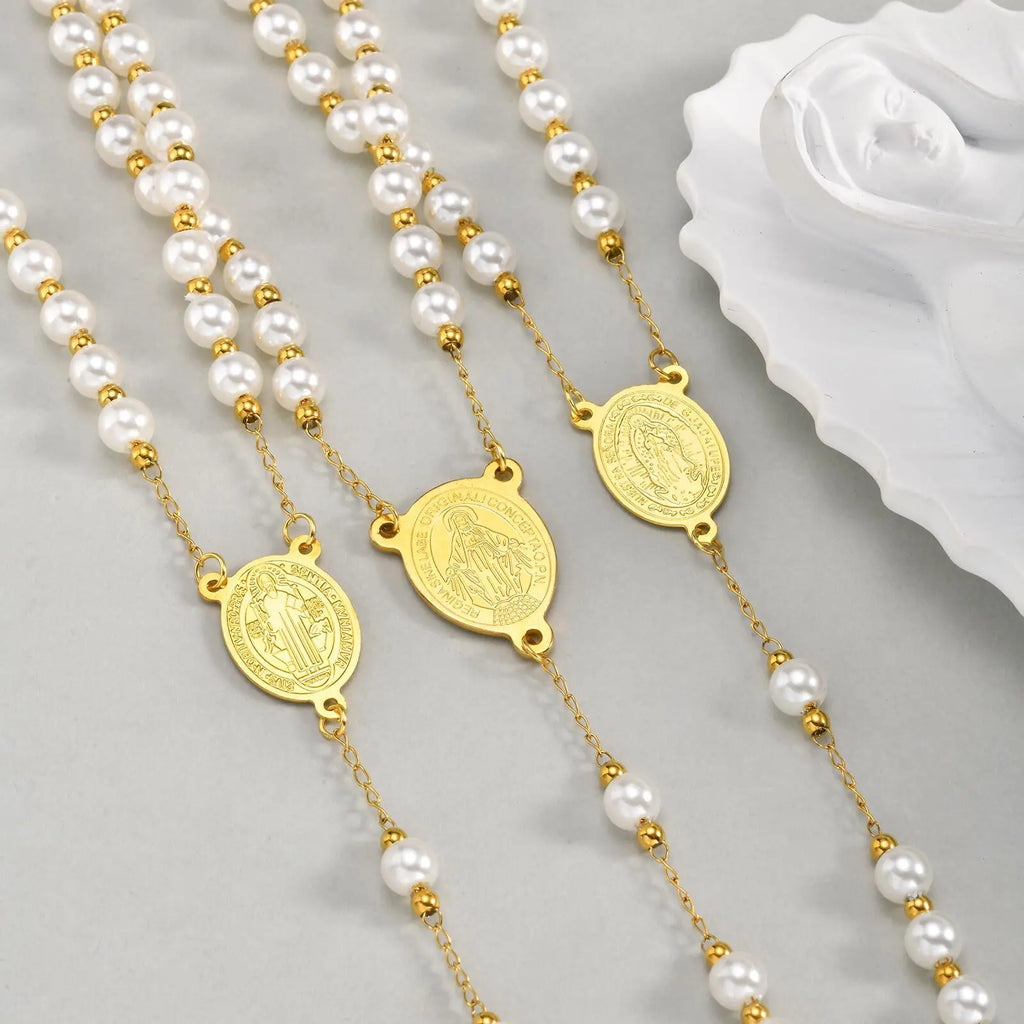 Vnox Pearl Rosary Beaded Necklace | Virgin Mary Religious Cross Jewelry for Women