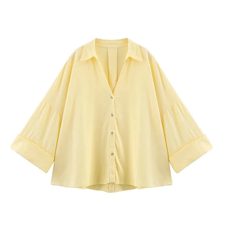 HipSeam Wide Sleeved Shirt Women Spring Asymmetric Hem Button Women's Shirts Simple Lady Johnny Collar Linen Shirts & Blouses