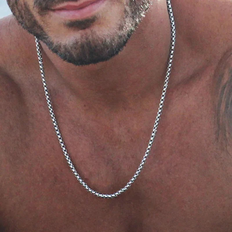 Round Box Chain Necklace for Men | Stainless Steel Link Chain in Gold, Silver, or Black